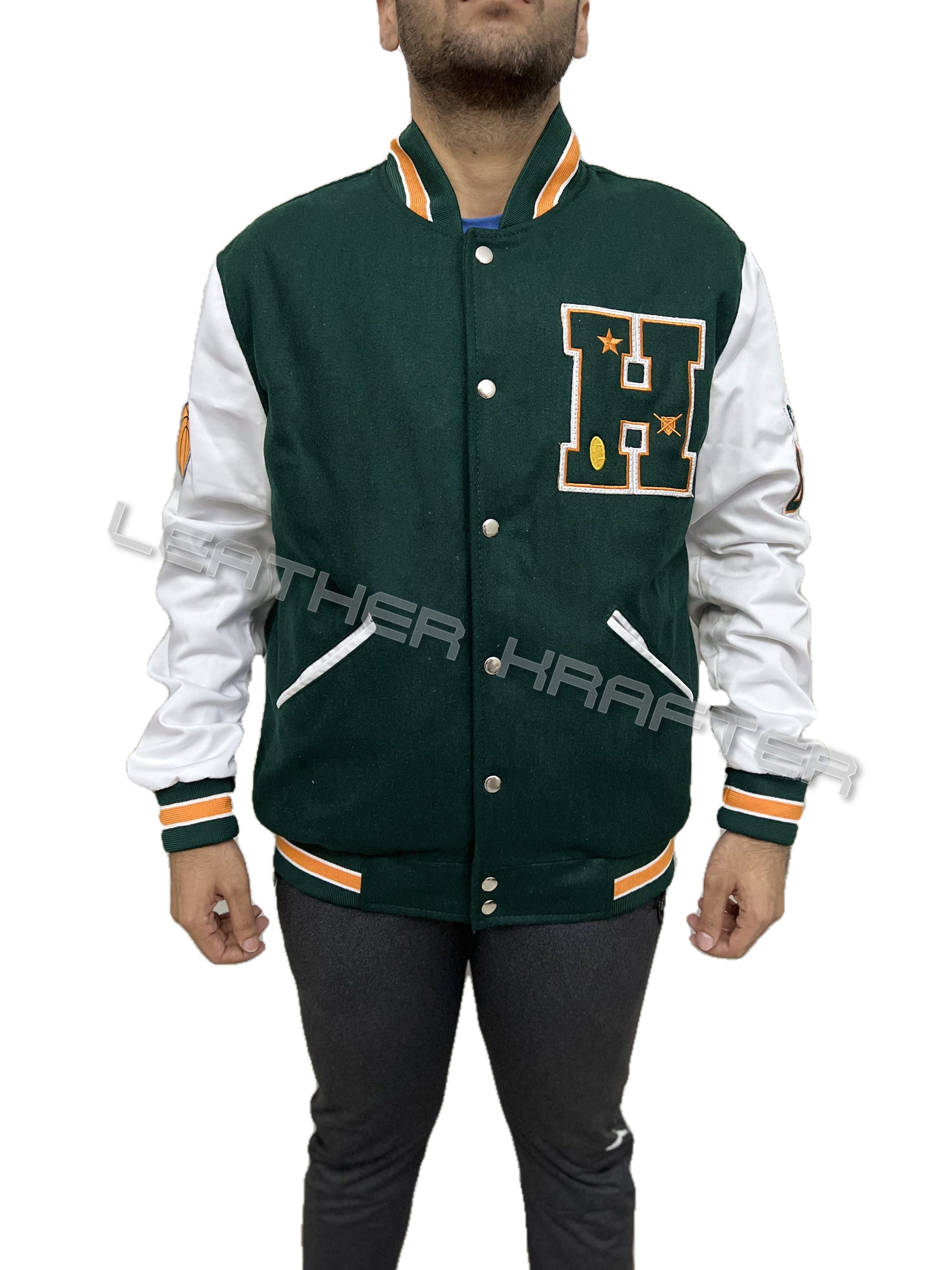 Stranger Things Hawkins Bomber Lettermen Varsity Wool Jacket front view in green and white sleeves
