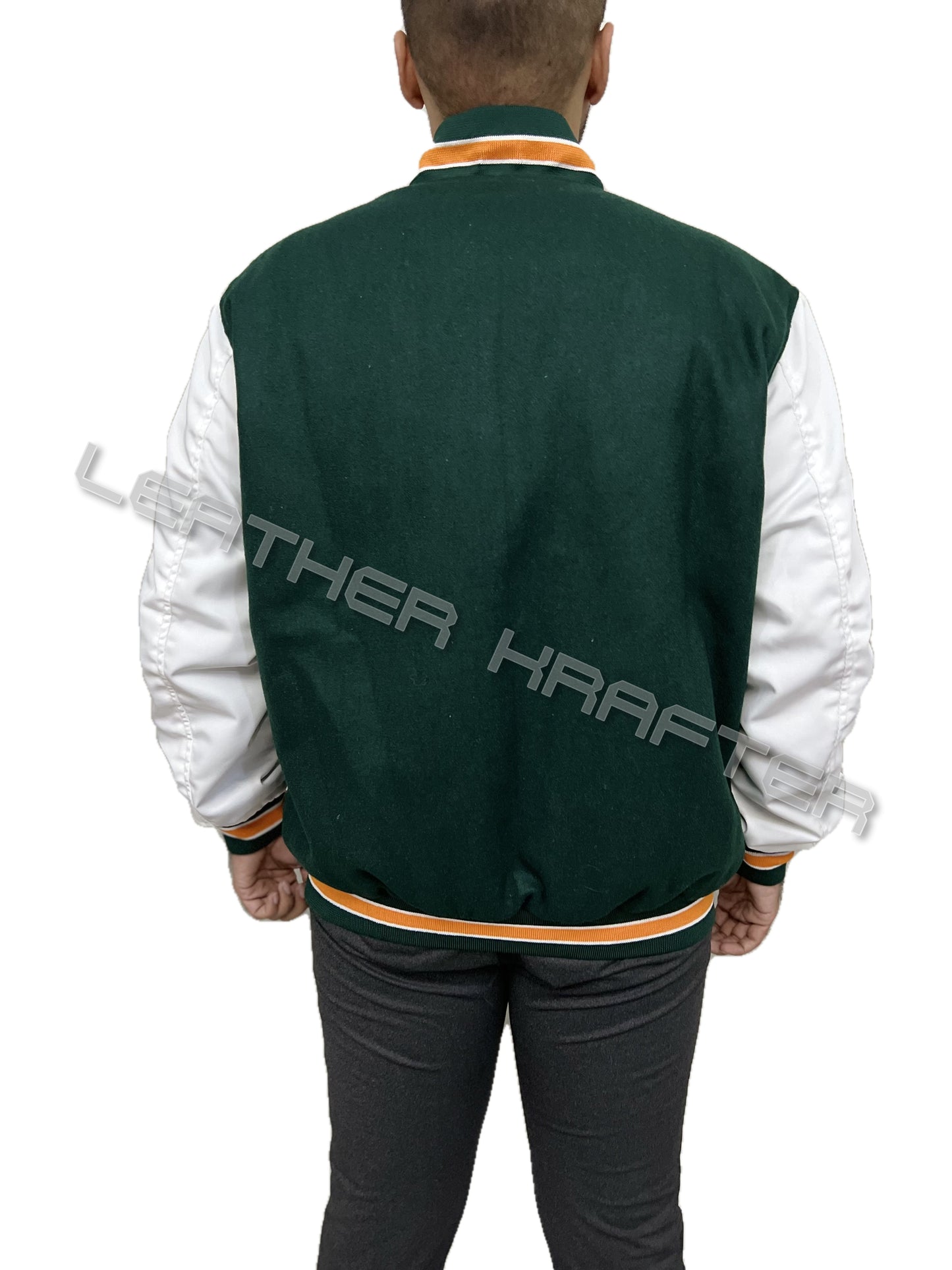 Green wool Stranger Things Hawkins High bomber varsity letterman jacket back view with striped ribbed hem