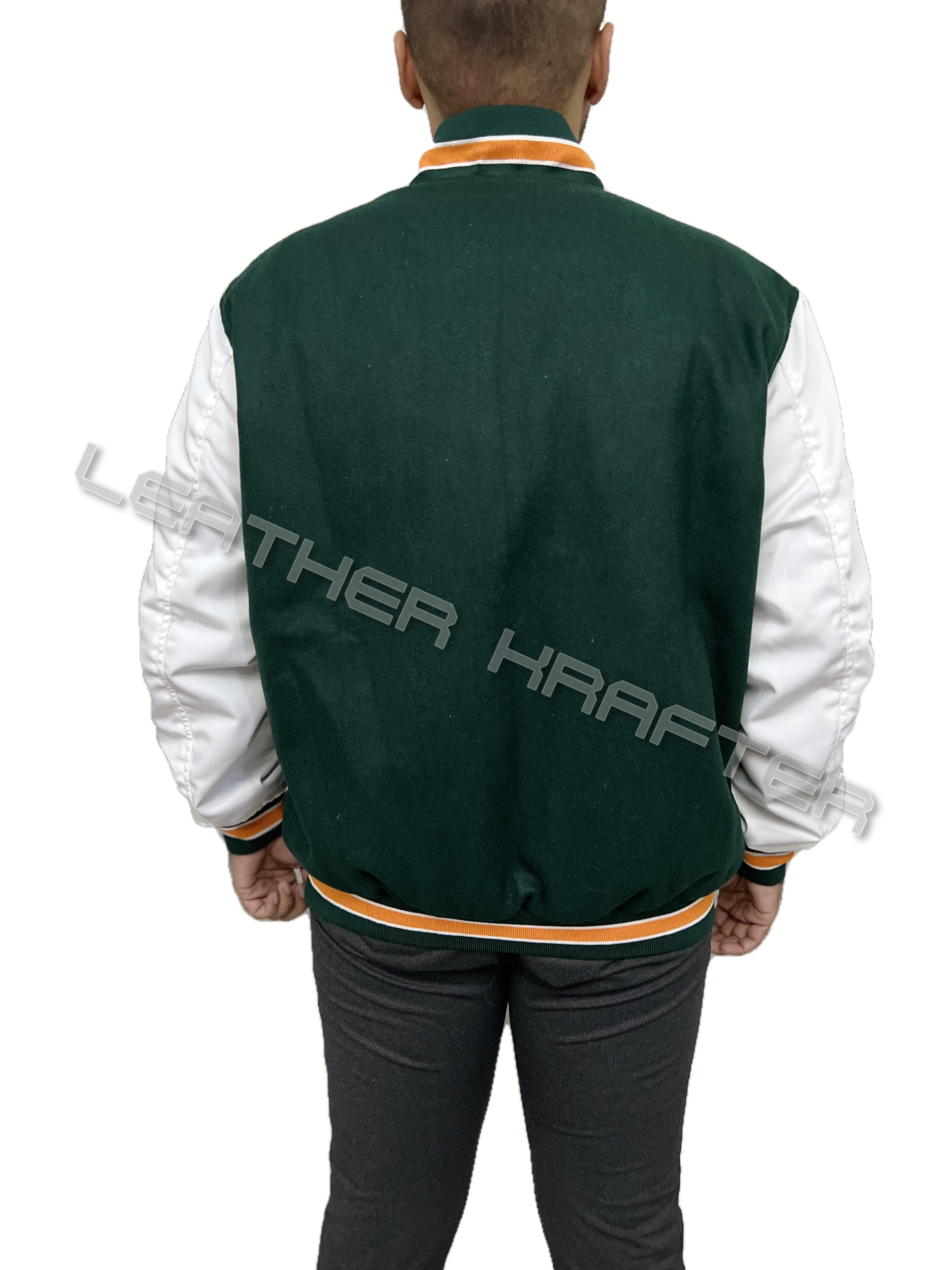 Green wool Stranger Things Hawkins High bomber varsity letterman jacket back view with striped ribbed hem