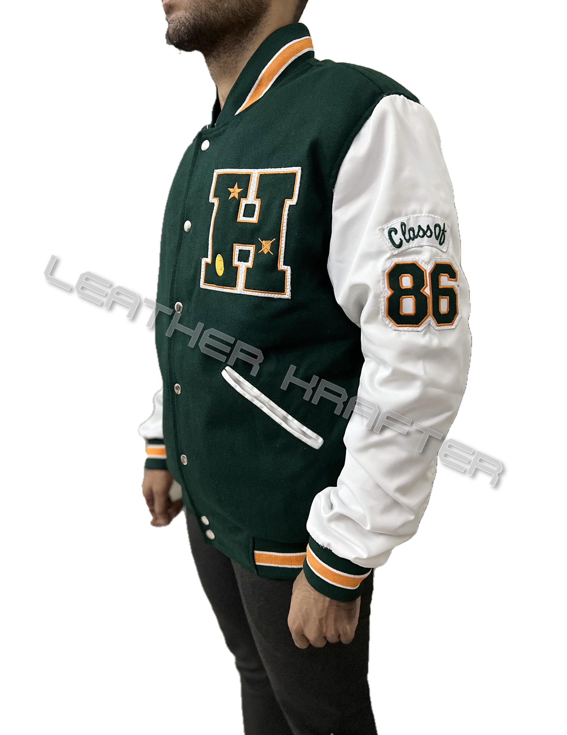 Stranger Things Hawkins 86 class varsity bomber jacket side angle with H patch and detailed sleeve embroidery