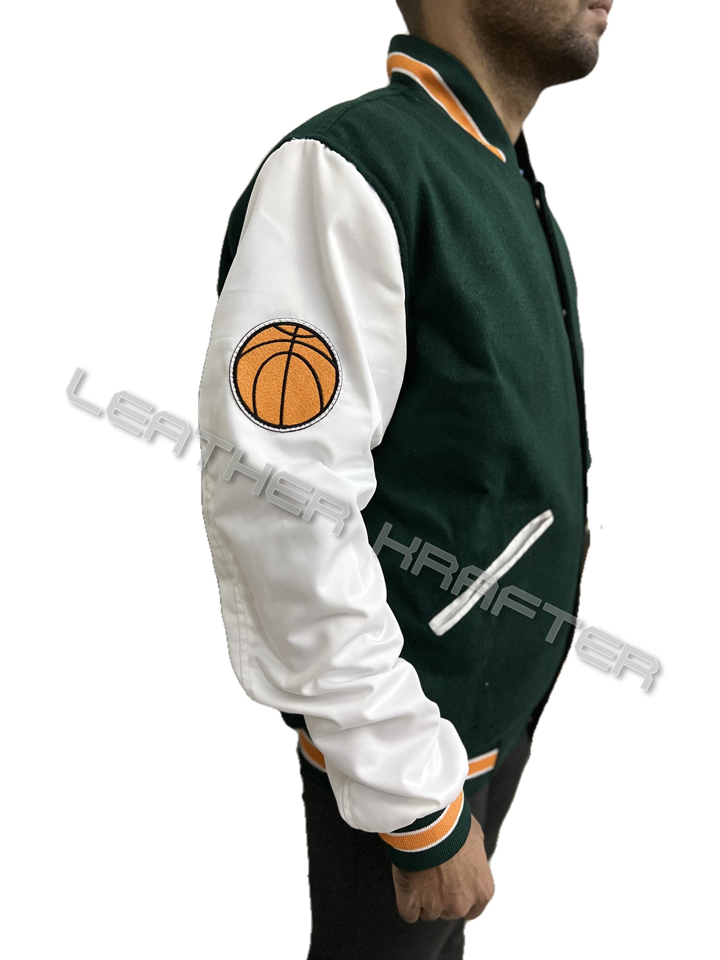 Stranger Things inspired Hawkins varsity bomber jacket with basketball patch on white sleeve side profile