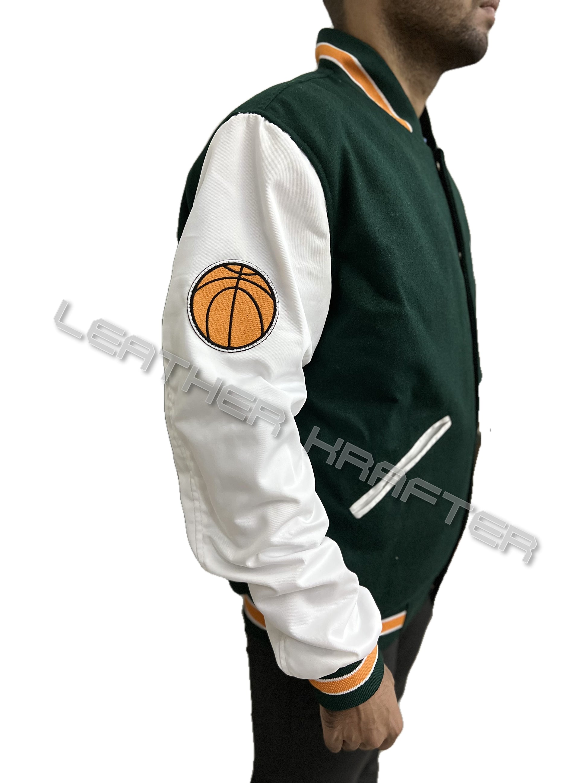 Stranger Things inspired Hawkins varsity bomber jacket with basketball patch on white sleeve side profile