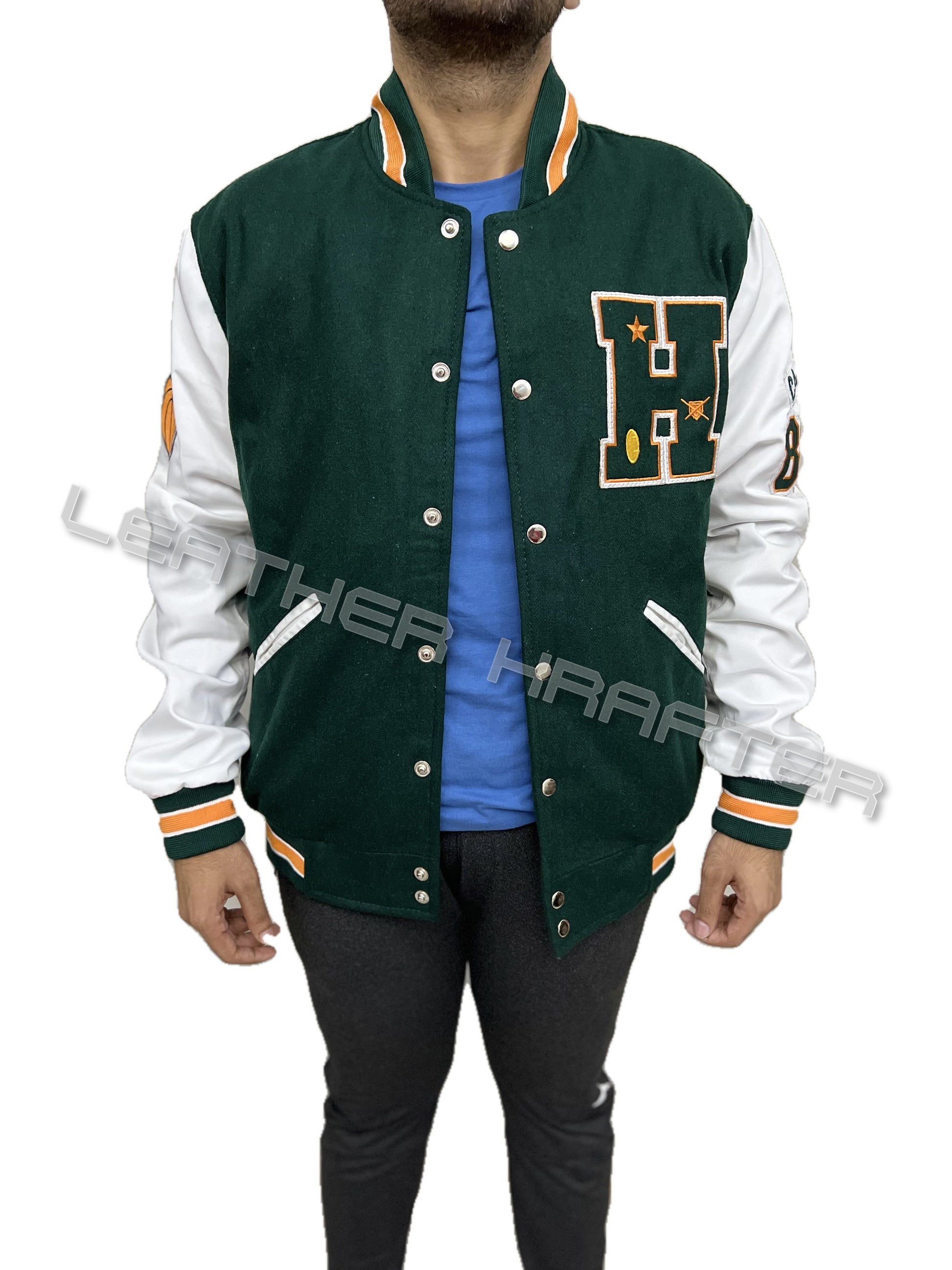 Stranger Things Hawkins letterman jacket unbuttoned front view in green wool and white sleeves