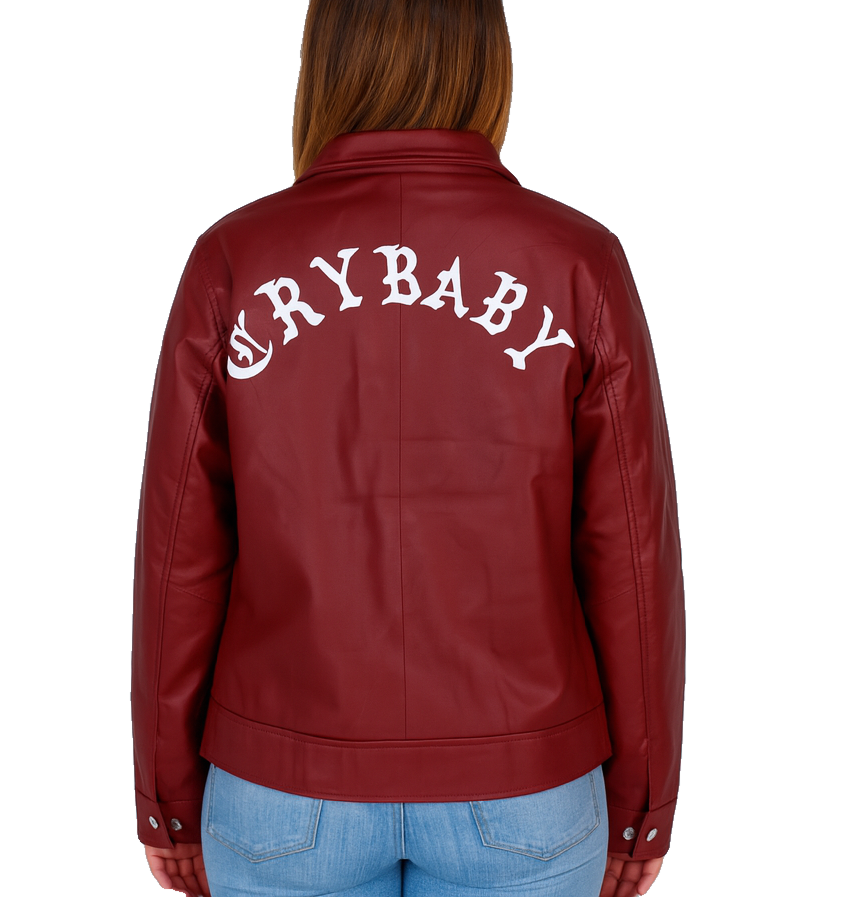Cry Baby lettering red leather jacket – SZA inspired Super Bowl women’s biker jacket