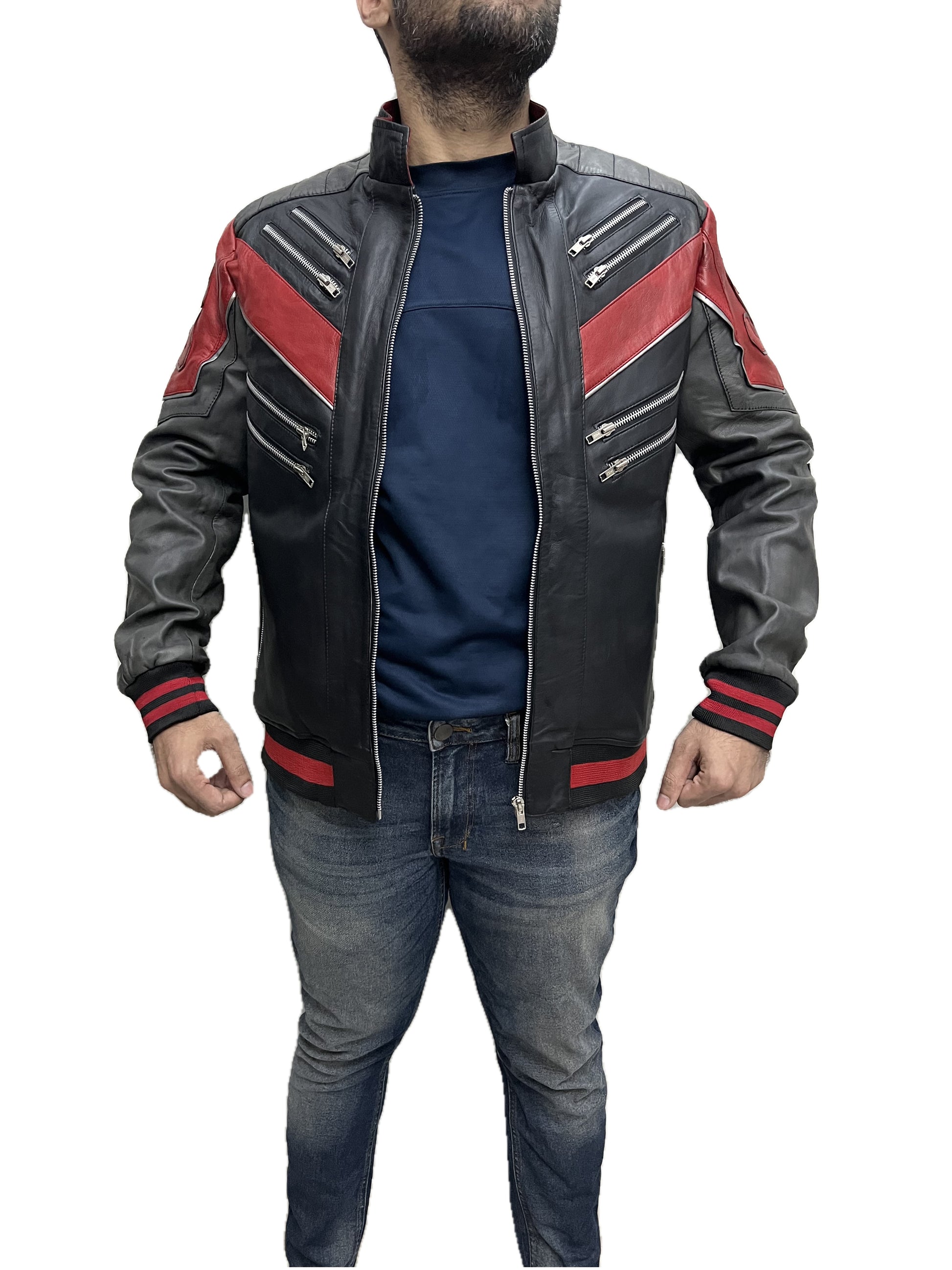 Spider-Man Miles Morales 2020 bomber leather jacket – black and red biker style front view
