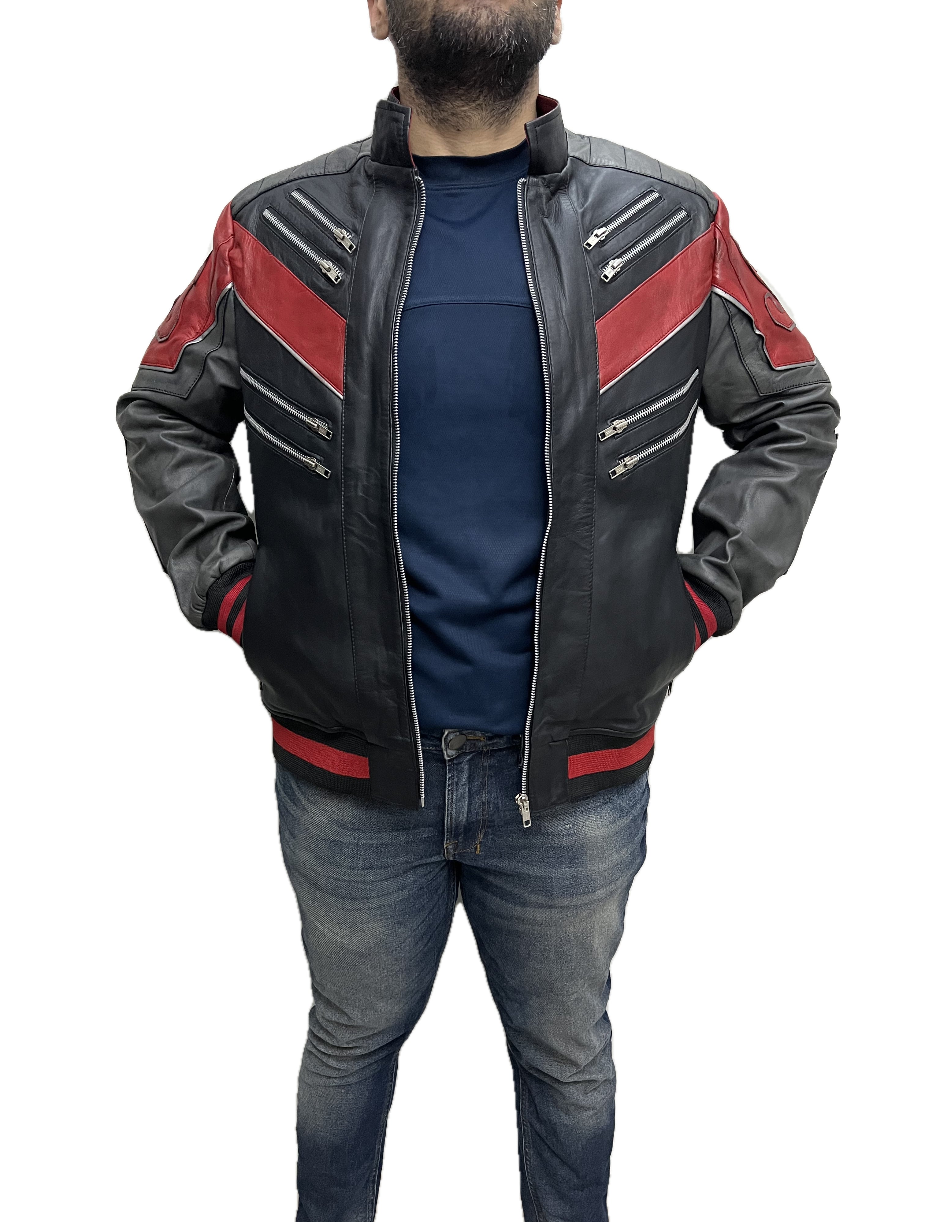Men’s black and red Miles Morales Spider-Verse bomber leather jacket standing pose