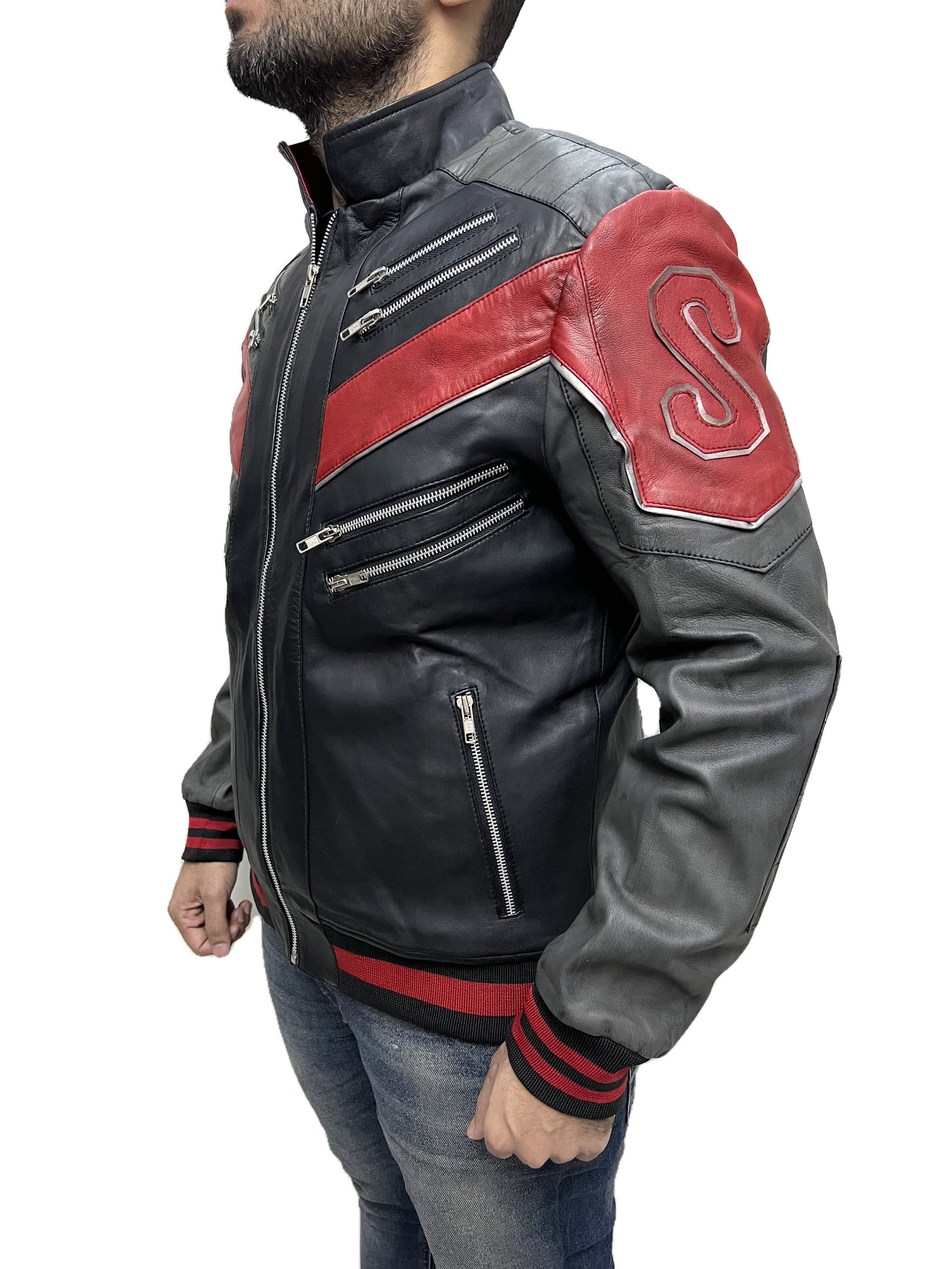 Side angle of Miles Morales Spider-Verse leather biker jacket with S-logo on sleeve