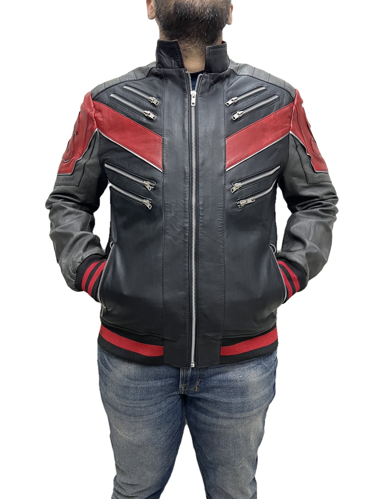 Spider-Man 2020 Spidey bomber jacket front zipped view in real black leather