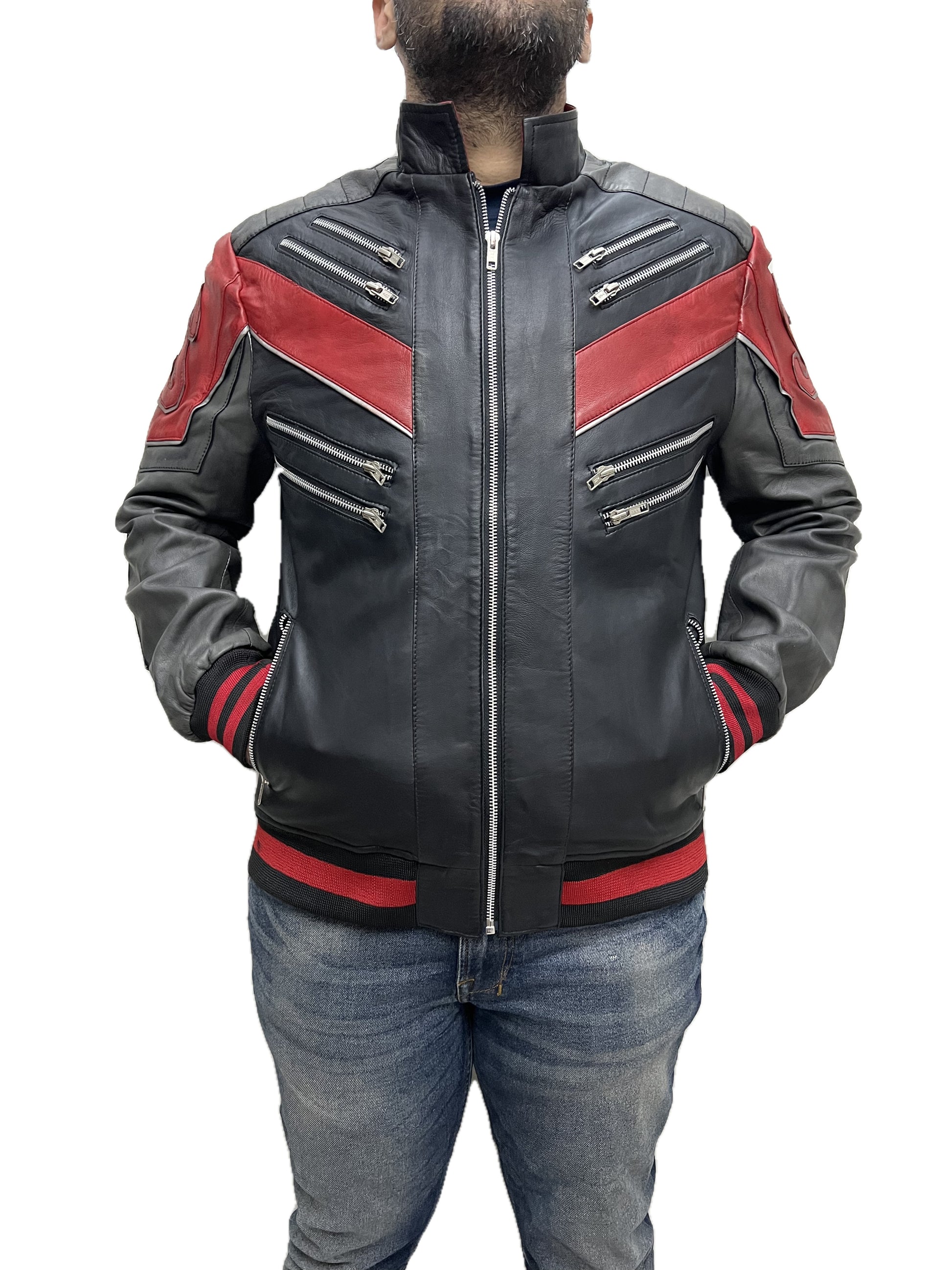 Spider-Man 2020 Spidey bomber jacket front zipped view in real black leather