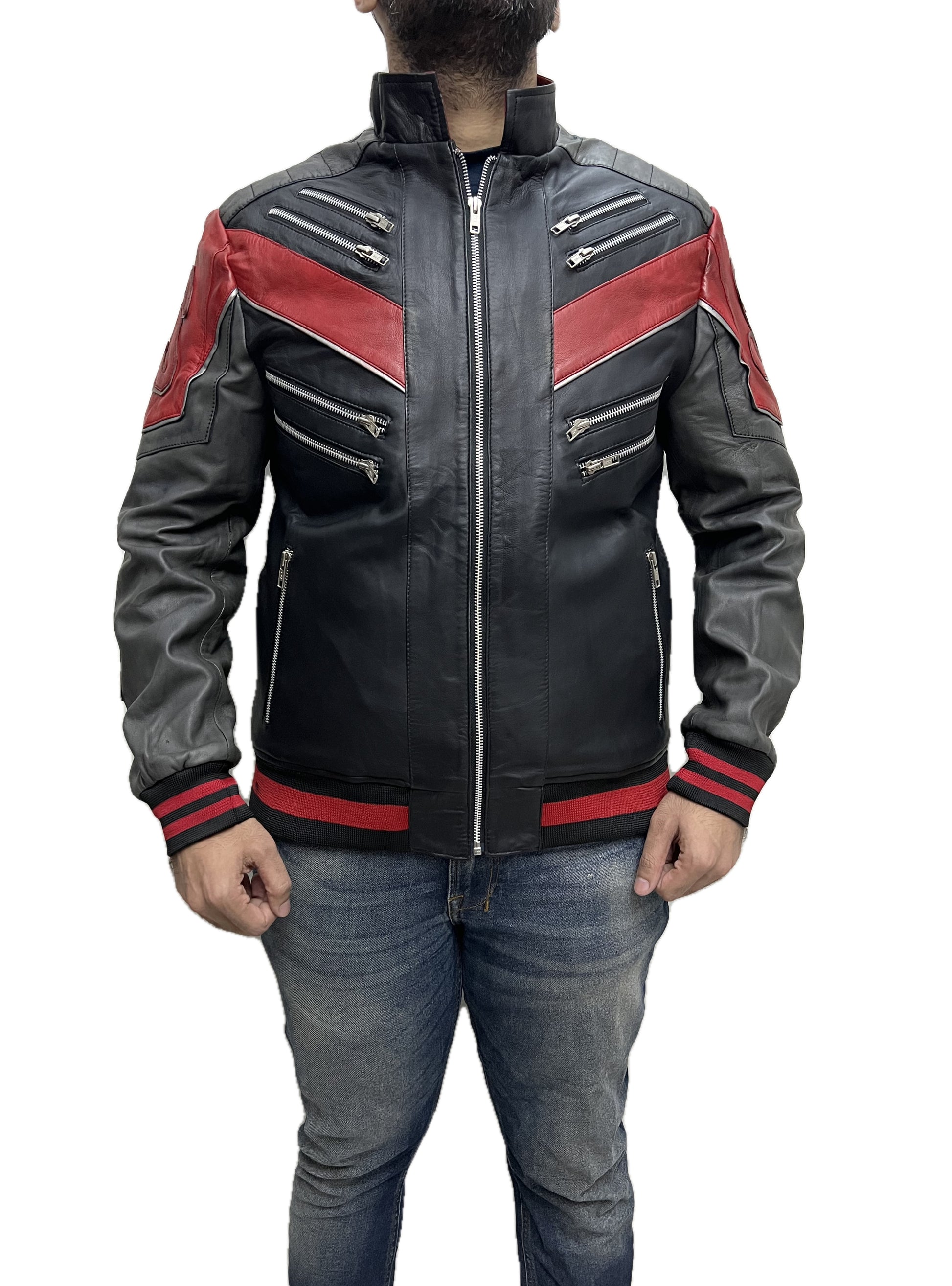 Men’s Miles Morales Into the Spider-Verse leather jacket with red chevron panels and zipper pockets