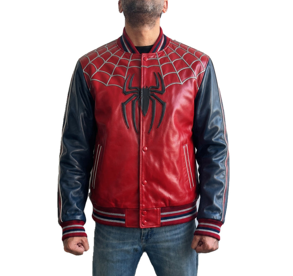 Spiderman Peter Parker Tom Holland Bomber Real Leather Jacket front view in red and navy blue with spider logo and web design