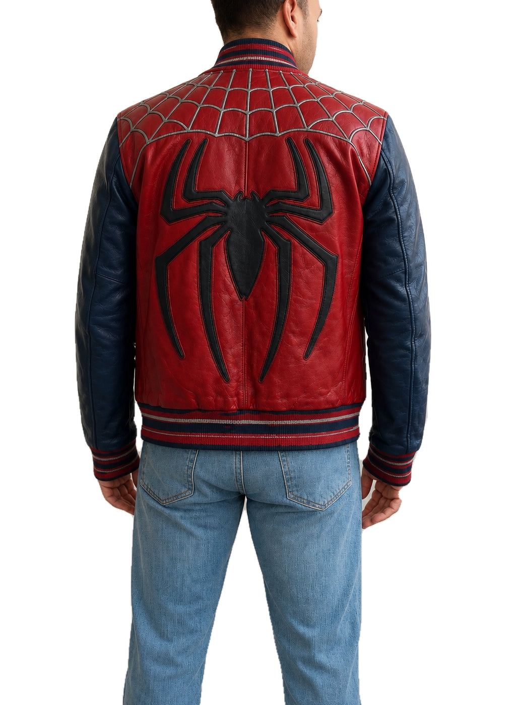 Back view of Spiderman Peter Parker Tom Holland Real Leather Bomber Jacket with large black spider emblem and web detailing