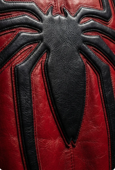 Close up of black spider logo embroidery on red real leather Spiderman Peter Parker bomber jacket