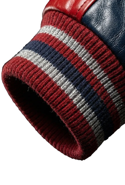 Close up of rib knitted cuff on Spiderman Peter Parker red and navy real leather bomber jacket