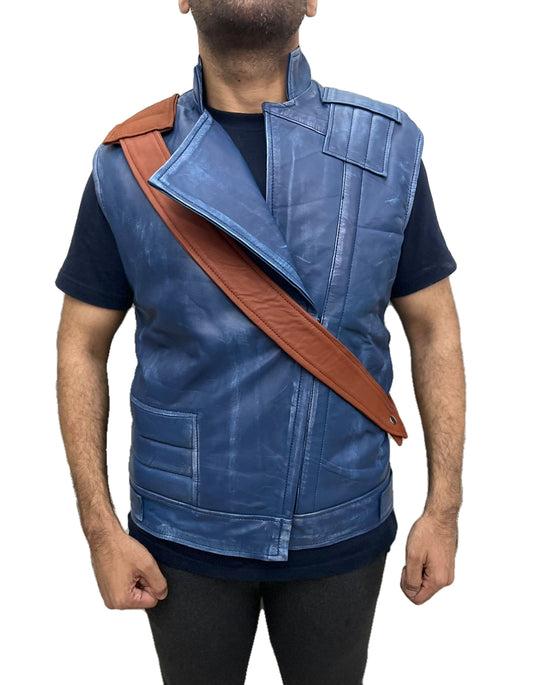 Star Wars Jedi Survivor Cal Kestis Leather Vest front view with brown shoulder strap – premium blue leather cosplay vest for men and women