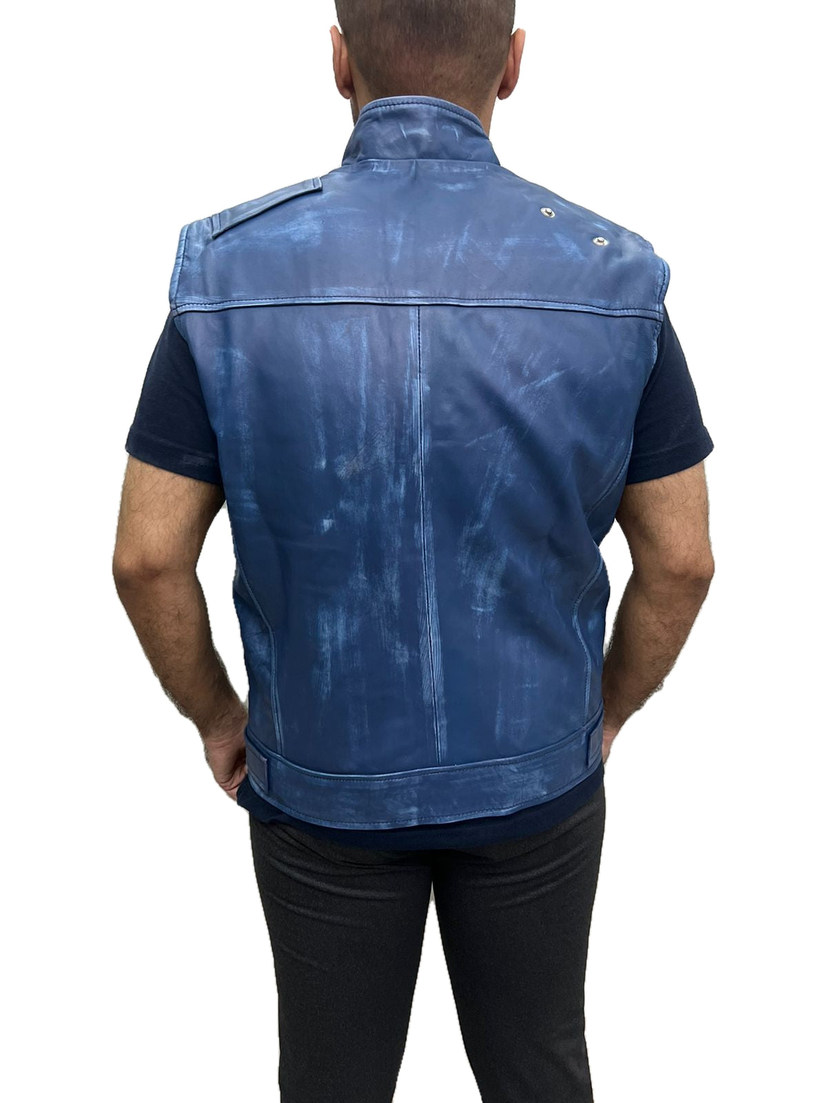 Star Wars Jedi Survivor Cal Kestis Vest back view – distressed blue leather cosplay vest for Star Wars fans and collectors