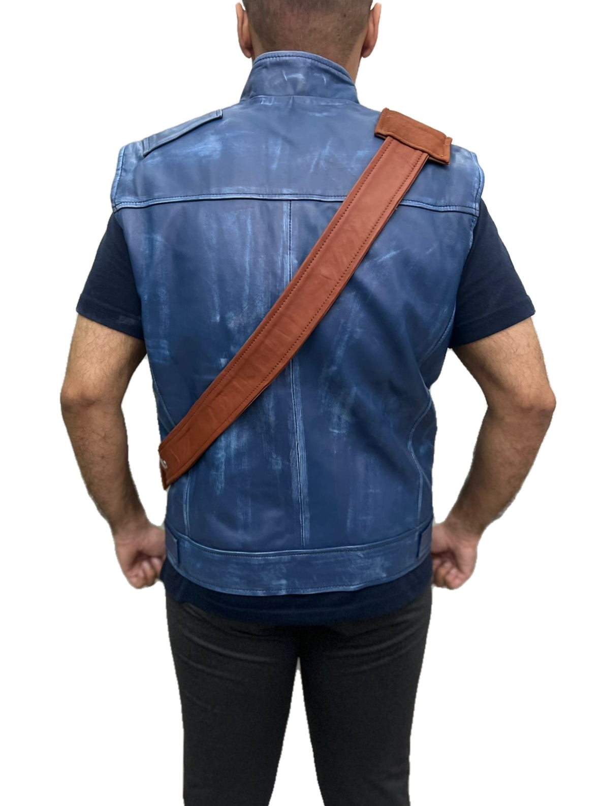 Back side of Star Wars Jedi Survivor Cal Kestis Leather Vest with brown shoulder strap – distressed blue leather vest inspired by Jedi Survivor game