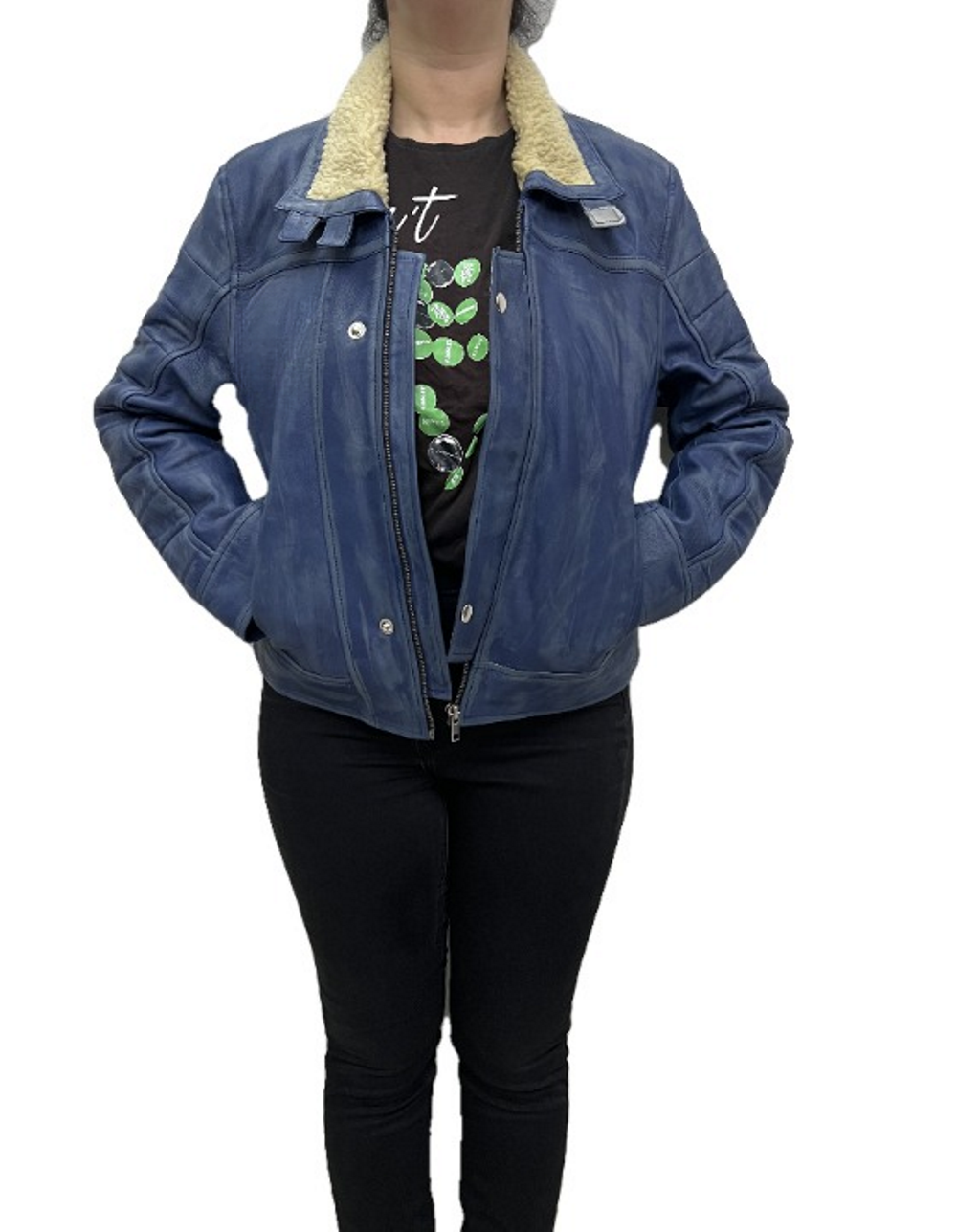 Star Wars Outlaws women blue Inferno distressed real leather jacket front view handmade biker style with shearling collar