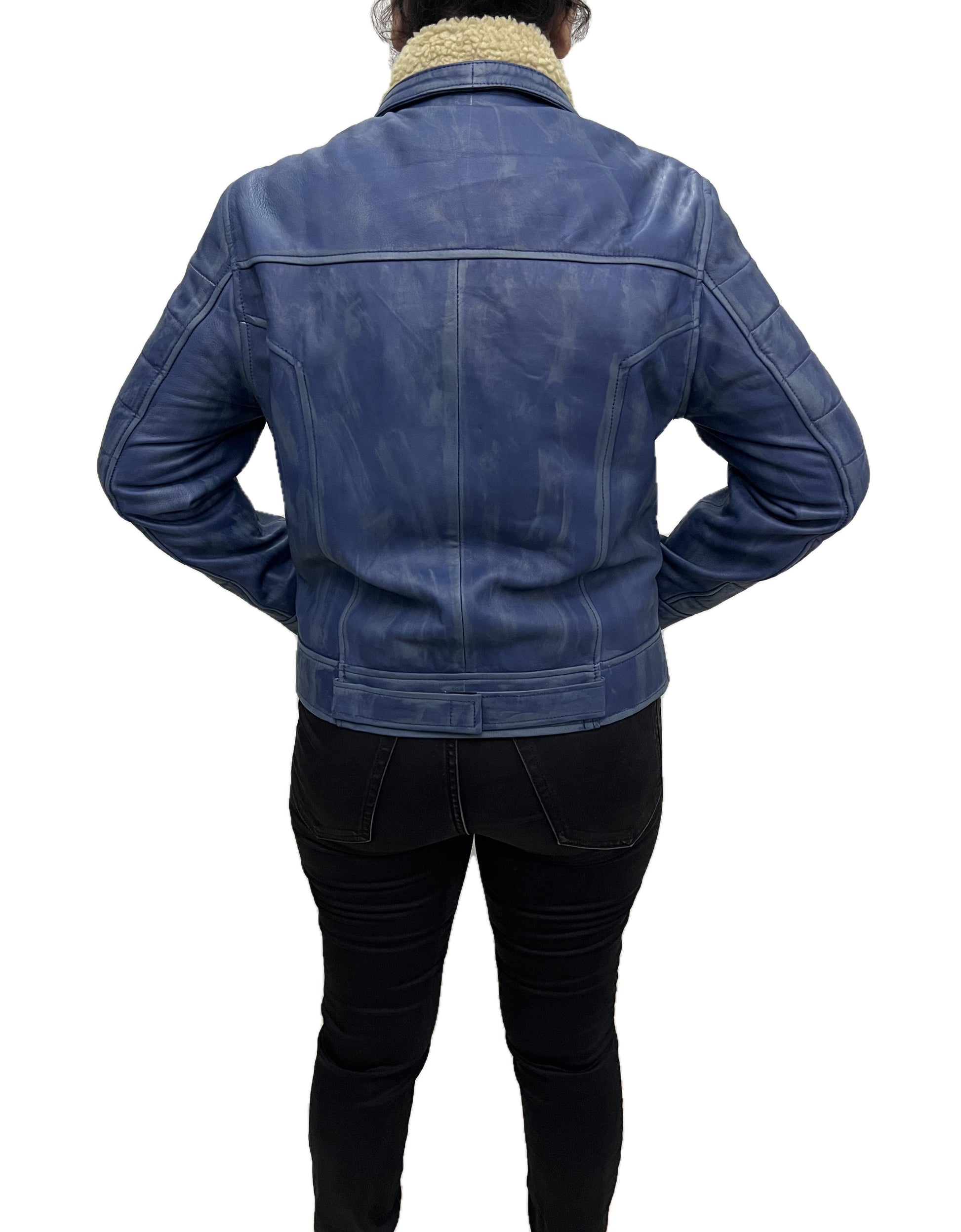 Star Wars Outlaws women blue leather jacket back side retro distressed biker outerwear high-quality real leather