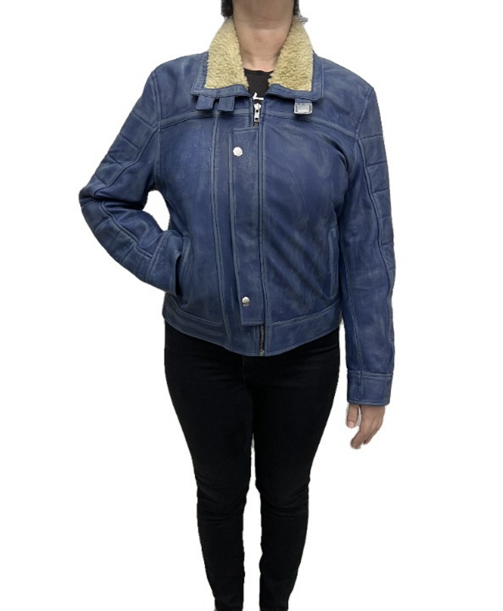 Women’s Star Wars Outlaws blue Inferno leather jacket retro distressed front angle with patch detailing