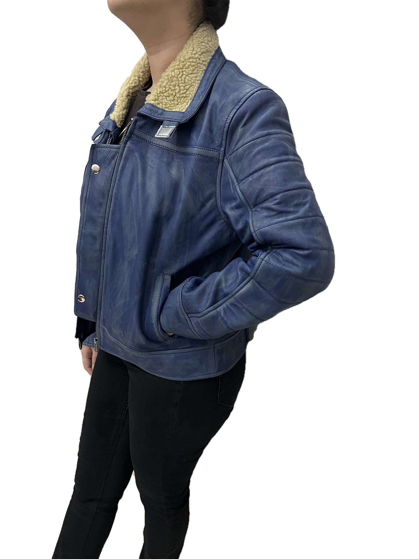 Star Wars Outlaws female Inferno biker jacket handmade blue distressed leather side pose with shearling collar