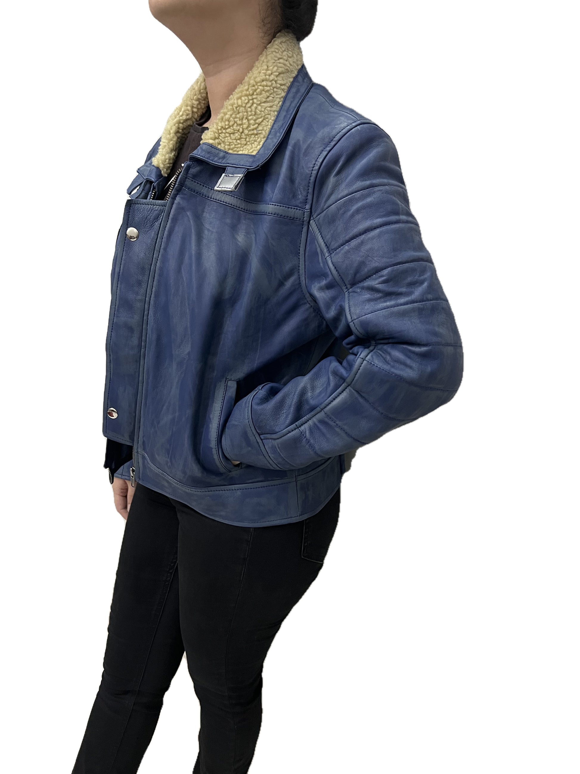 Star Wars Outlaws female Inferno biker jacket handmade blue distressed leather side pose with shearling collar
