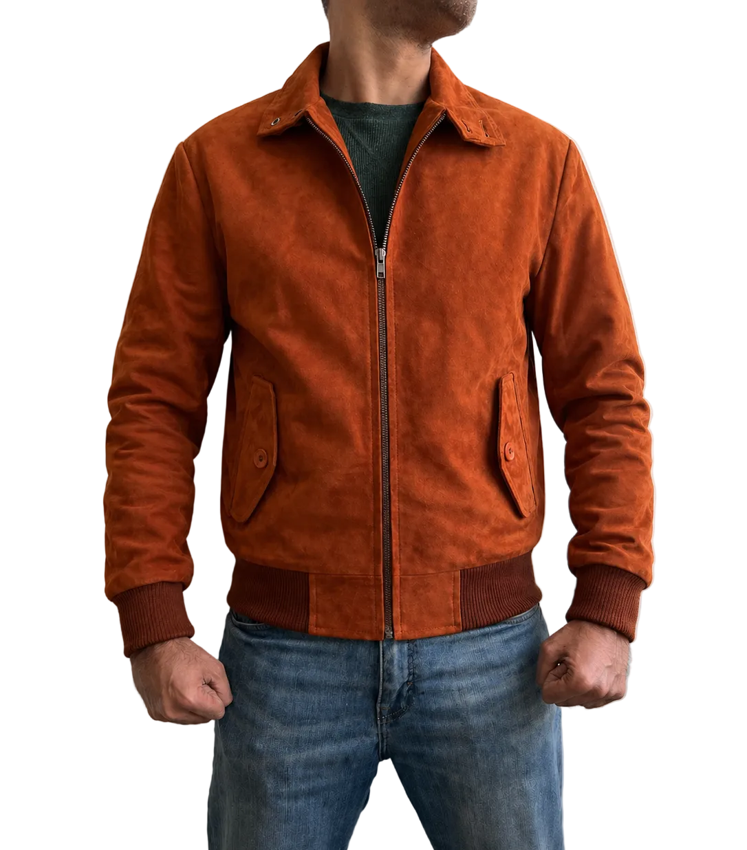 Front view of Steve Harrington Stranger Things 5 Joe Keery brown suede bomber jacket inspired by 80s classic style.