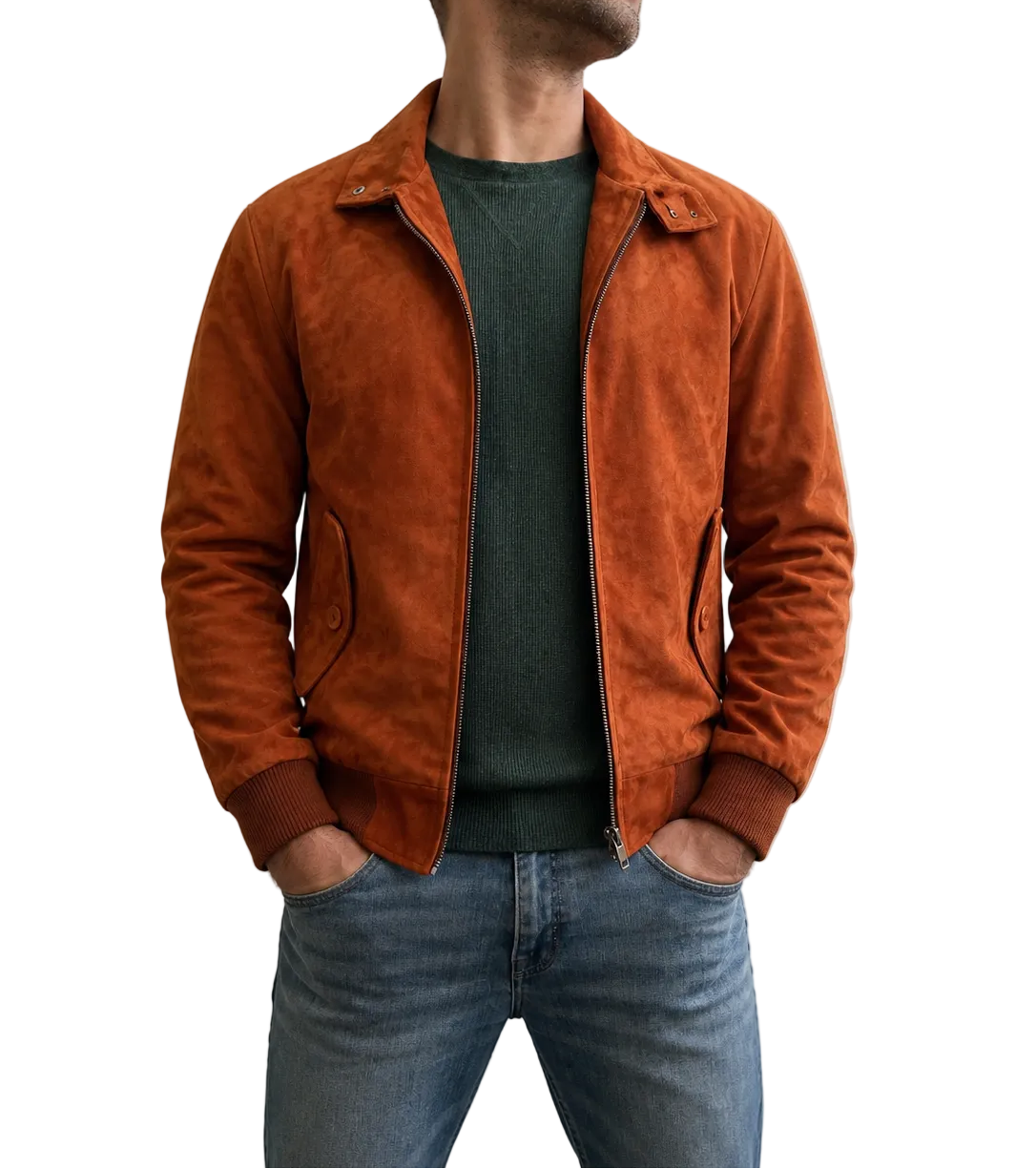 Steve Harrington Stranger Things 5 suede leather jacket partially open, showing shirt-style collar and zipper closure.