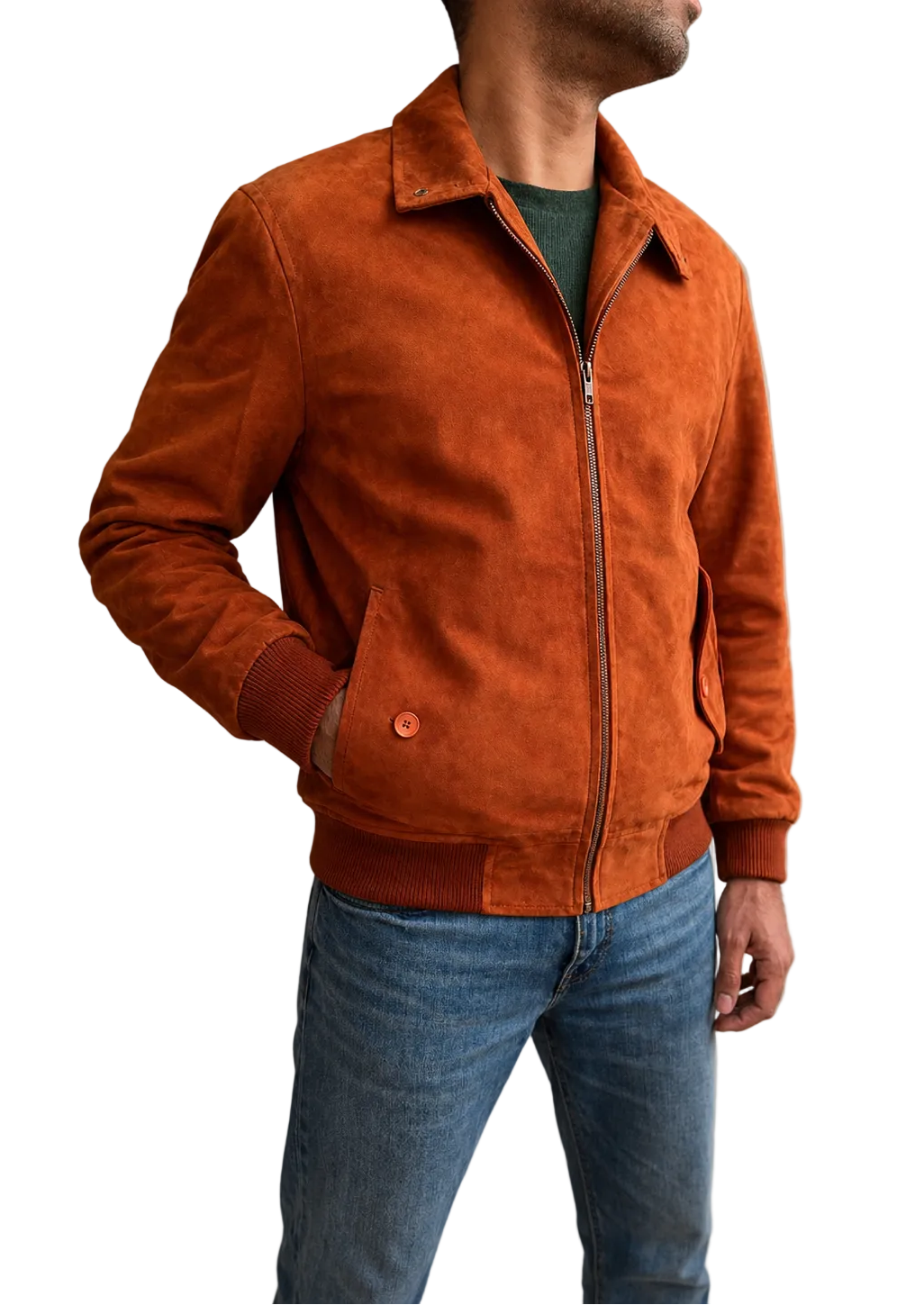 Side view of Stranger Things 5 Steve Harrington Joe Keery bomber suede leather jacket with classic pockets and collar