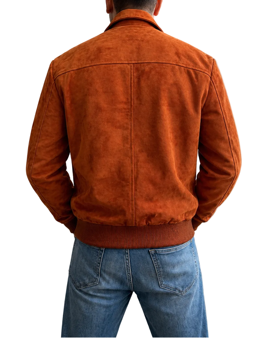 Back view of Steve Harrington Stranger Things 5 brown suede bomber jacket showing rib-knit waist and vintage design.