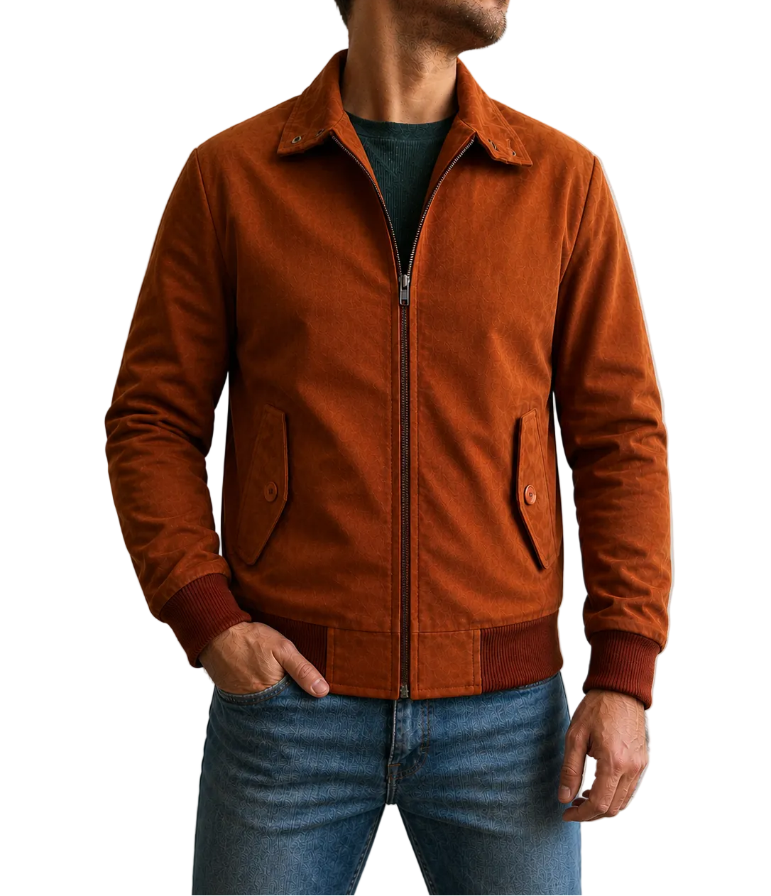Front view of Steve Harrington Stranger Things 5 Joe Keery brown suede bomber jacket inspired by 80s classic style.
