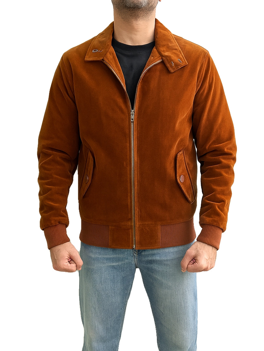 Front view of Steve Harrington Stranger Things 5 Joe Keery brown suede bomber jacket inspired by 80s classic style.