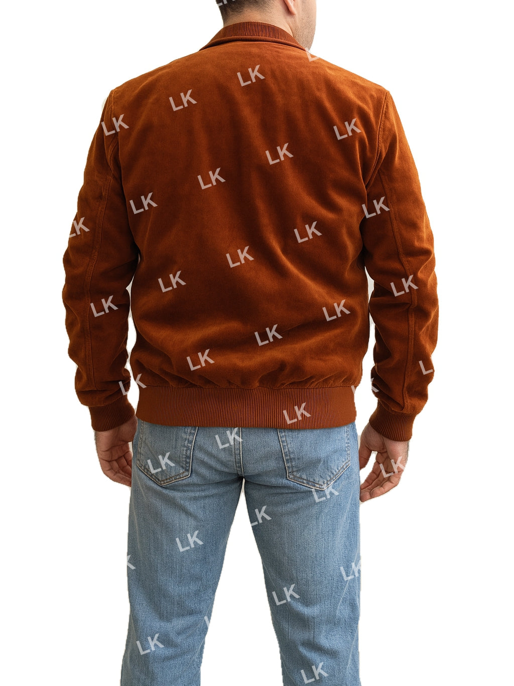 Back view of Steve Harrington Stranger Things 5 brown suede bomber jacket showing rib-knit waist and vintage design.