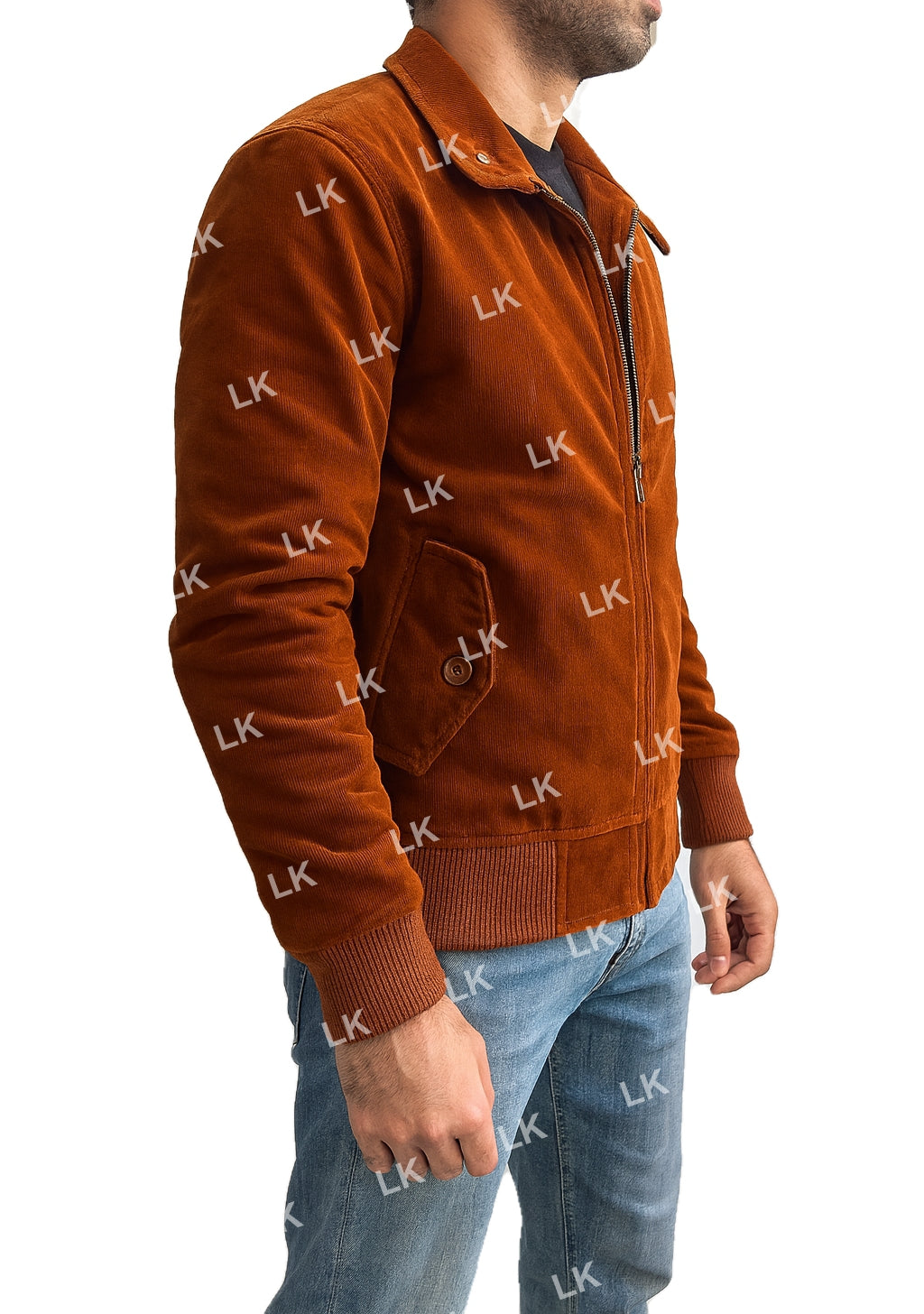 Side view of Stranger Things 5 Steve Harrington Joe Keery bomber suede leather jacket with classic pockets and collar