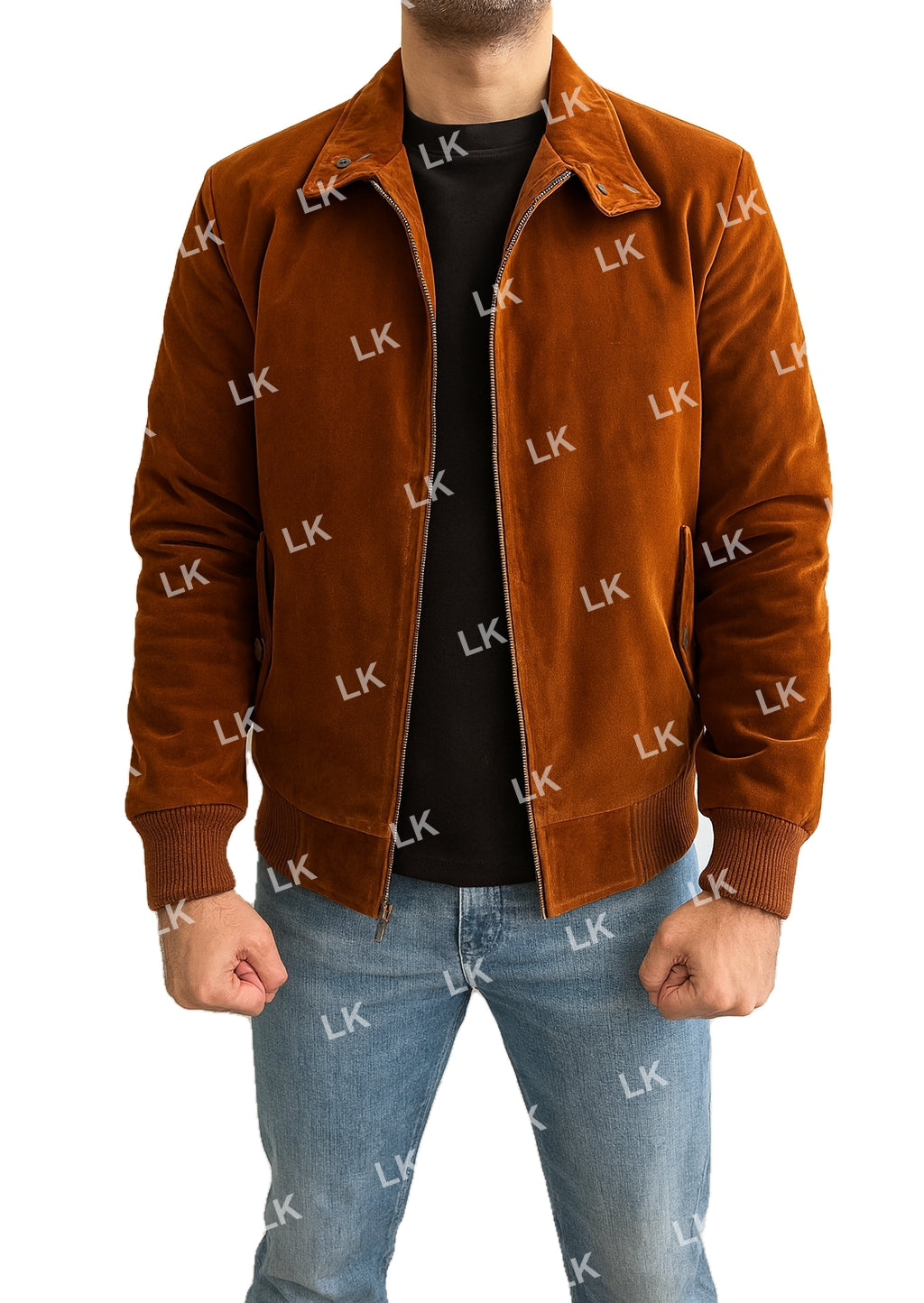 Steve Harrington Stranger Things 5 suede leather jacket partially open, showing shirt-style collar and zipper closure.