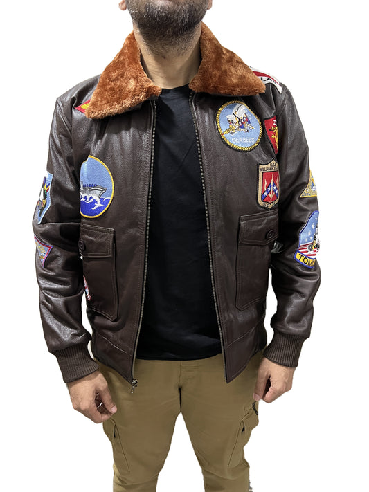 Front view  Top Gun Pete Maverick Tom Cruise Pilot Bomber Leather Jacket with patches & brown fur collar