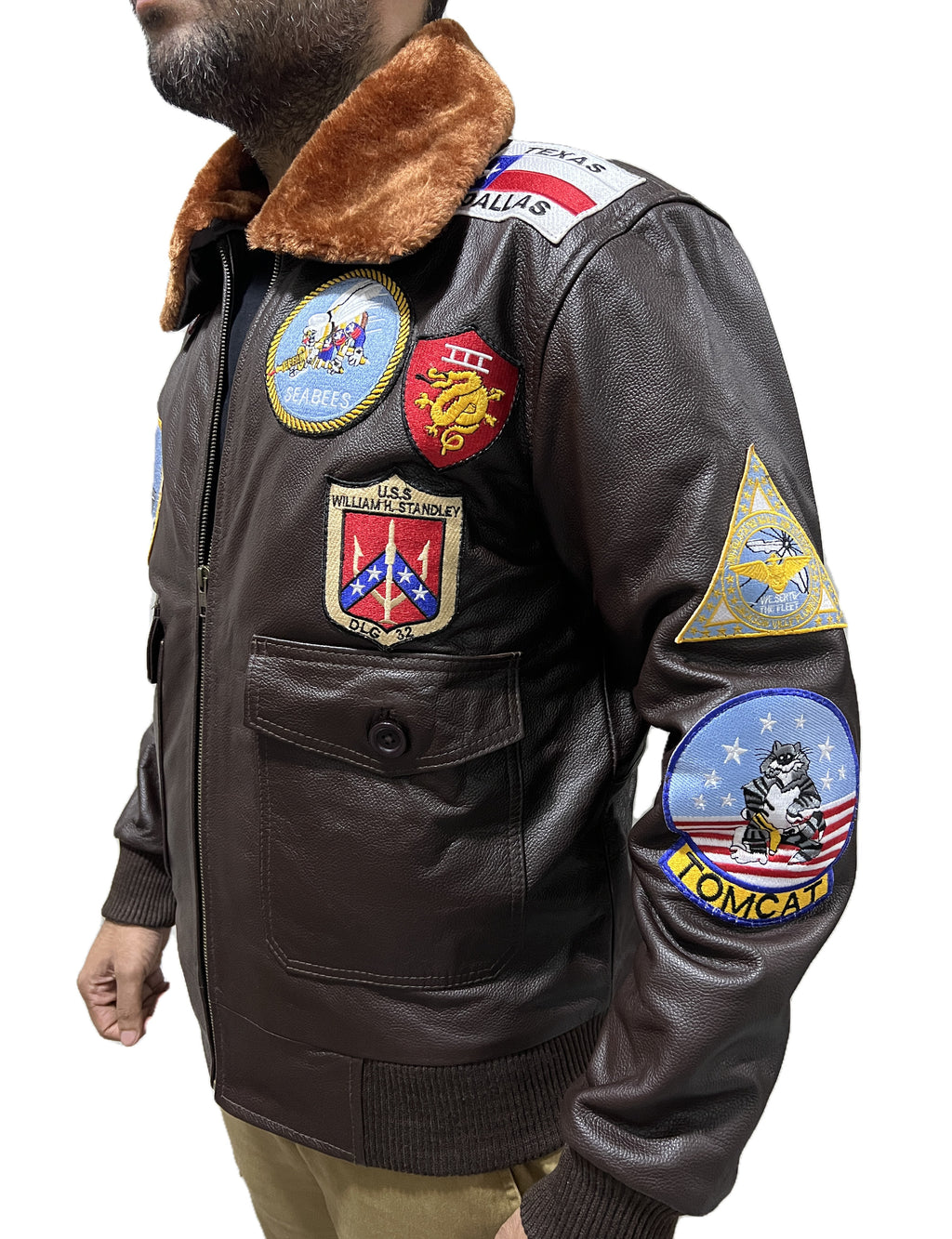 Right side angle Top Gun Maverick bomber leather jacket showcasing sleeve patches & fur collar