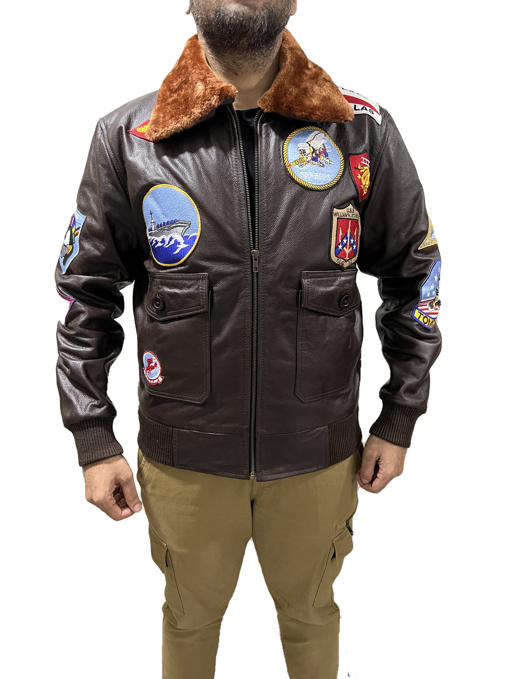 Full front Vintage Top Gun pilot leather bomber jacket with fur collar & front pockets