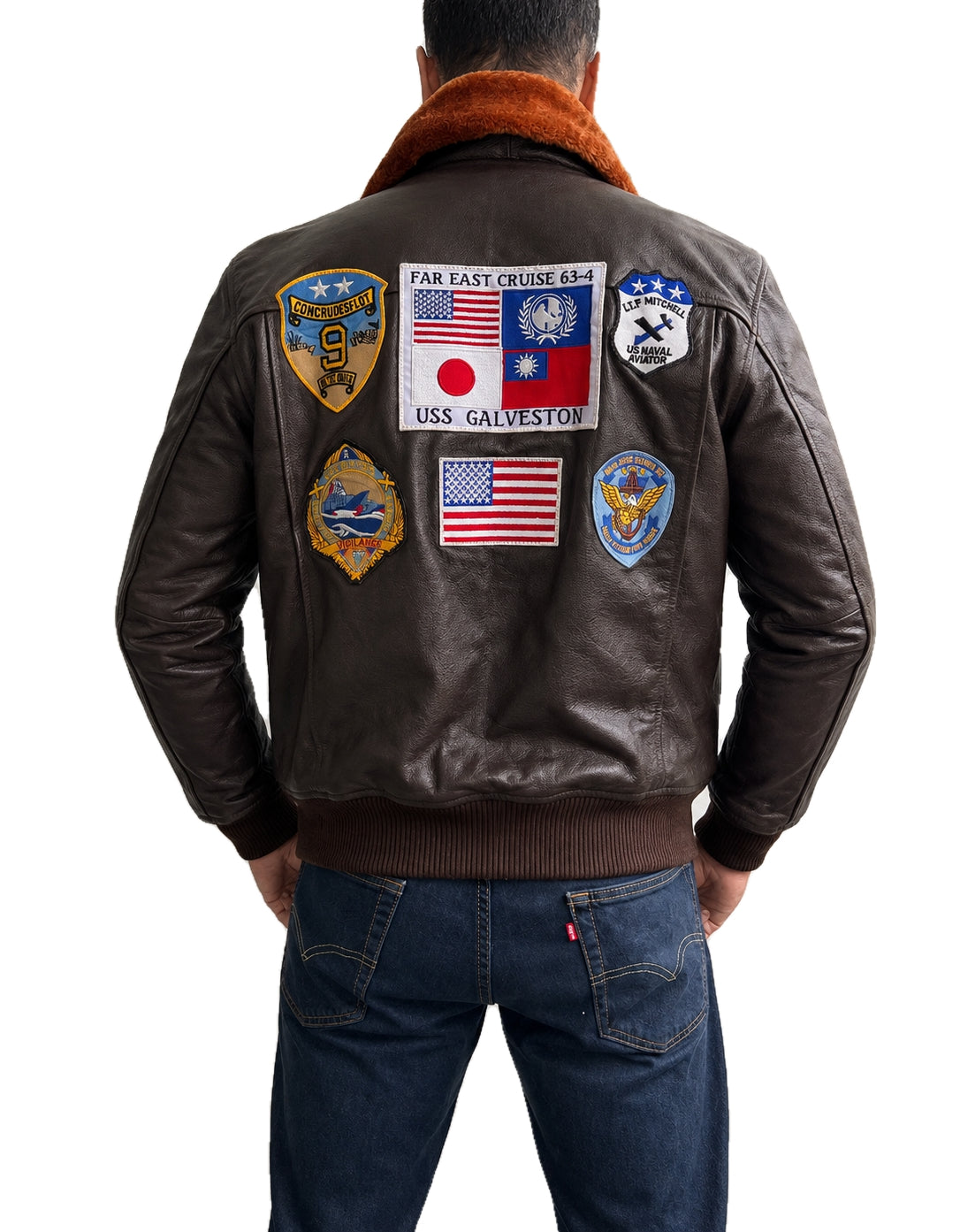 Back view of Top Gun Pete Maverick Tom Cruise A2 leather jacket featuring USS Galveston, American flag and naval aviation patches