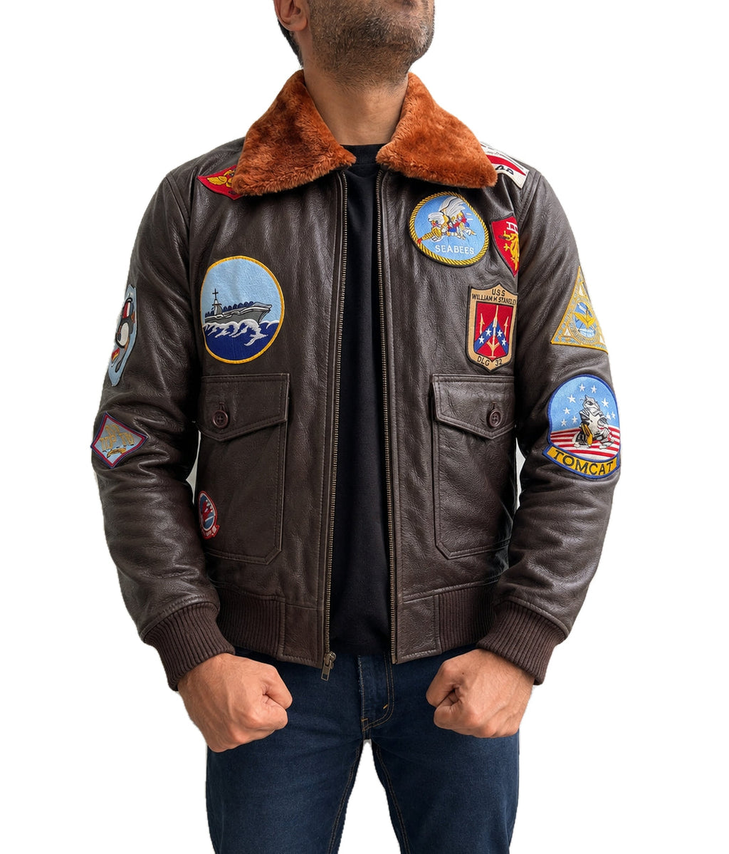 Front view of Top Gun Pete Maverick Tom Cruise A2 pilot bomber real leather jacket with aviation patches and brown fur collar