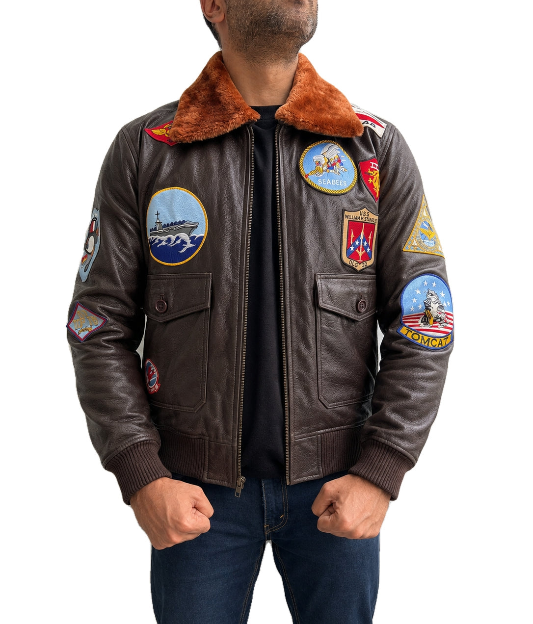 Front view of Top Gun Pete Maverick Tom Cruise A2 pilot bomber real leather jacket with aviation patches and brown fur collar