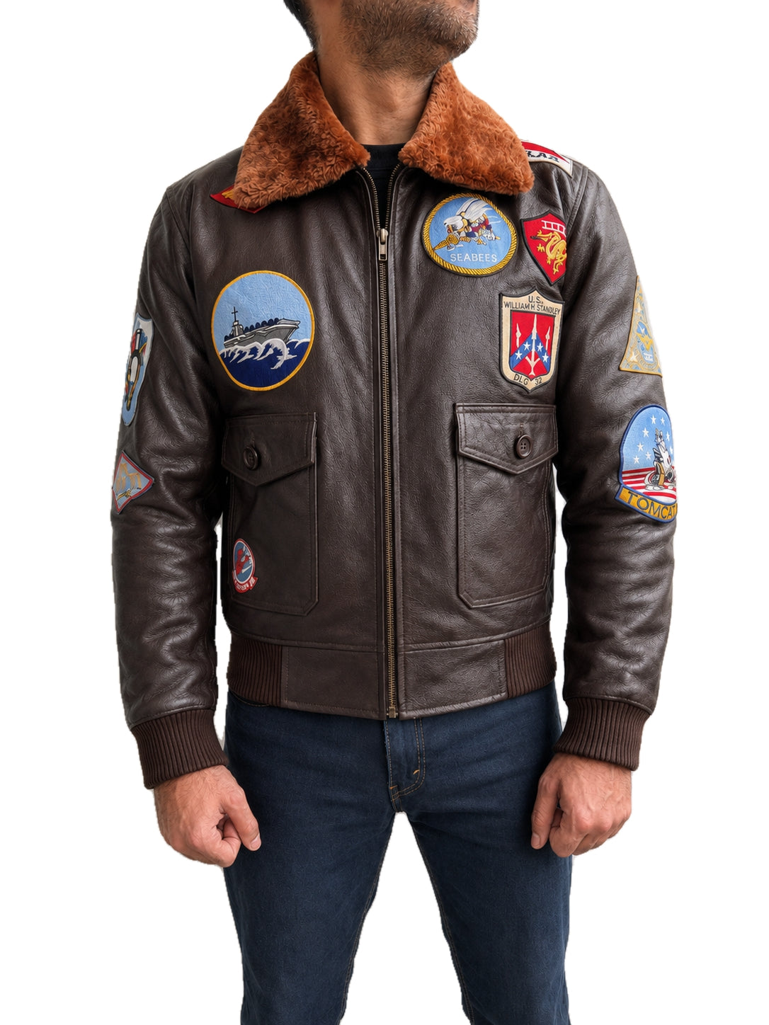 Front closed view of Top Gun Pete Maverick A2 pilot bomber real leather jacket with brown shearling collar and aviation patches