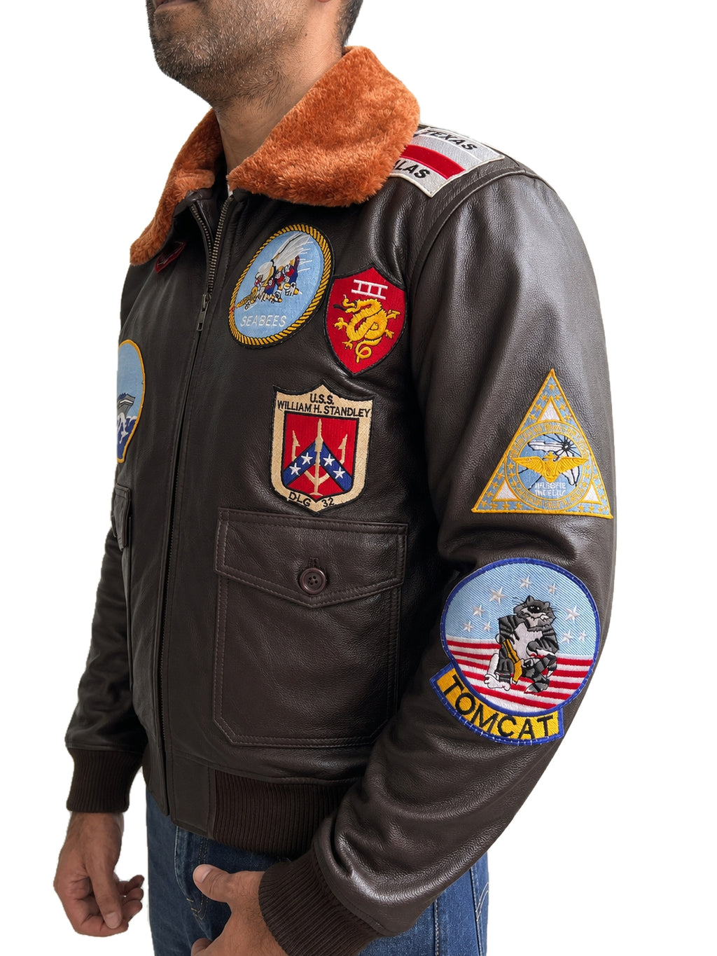 Right side view of Top Gun Pete Maverick bomber leather jacket with Seabees, Tomcat and military style embroidered patches