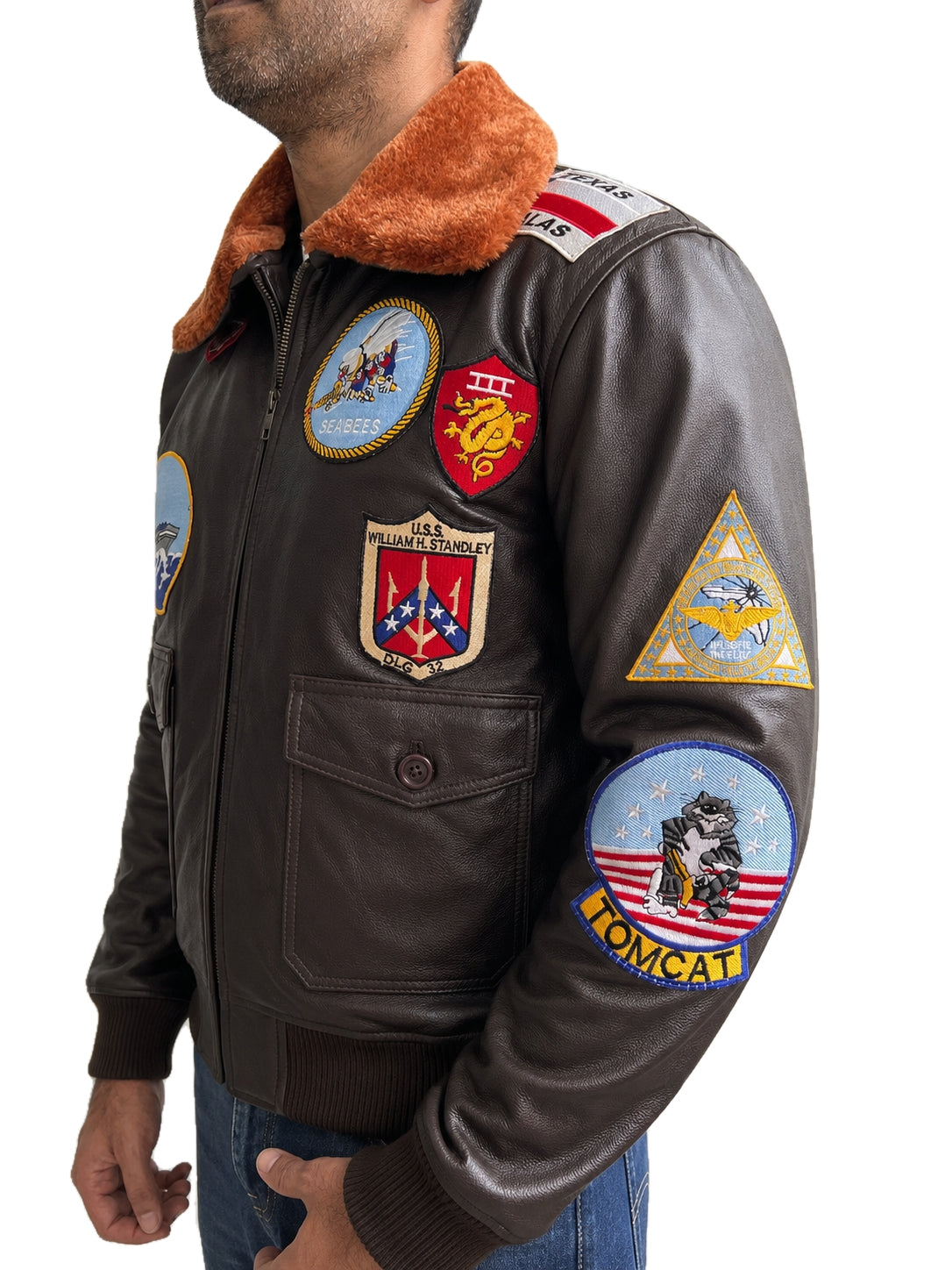Right side view of Top Gun Pete Maverick bomber leather jacket with Seabees, Tomcat and military style embroidered patches