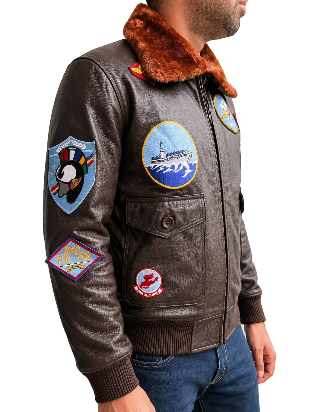 Side close up of Top Gun Tom Cruise A2 pilot leather jacket featuring embroidered aviation patches, utility pocket and ribbed cuff