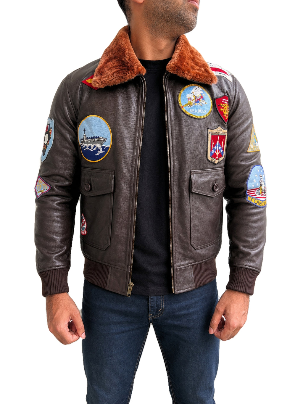 Top Gun Pete Maverick A2 real leather bomber jacket shown from the front with open zipper, patch details and fur collar