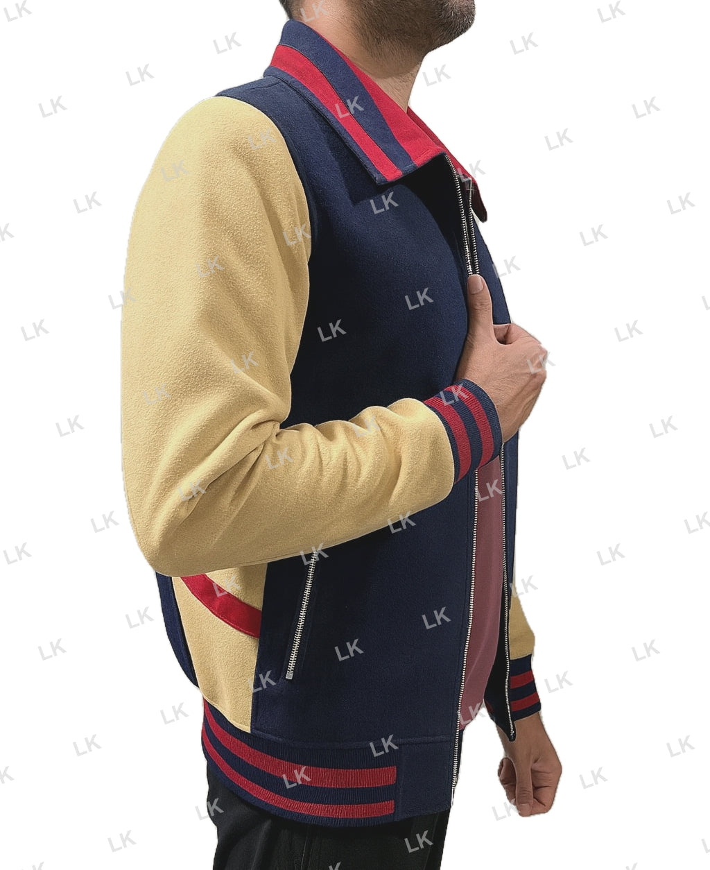 Will Byers Stranger Things 5 Noah Schnapp Varsity Bomber Jacket Back View navy and camel wool with red striped ribbed hem side view
