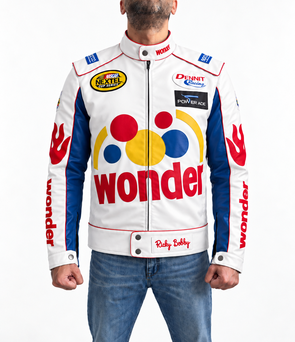 Will Ferrell Ricky Bobby Talladega Nights Wonder Racer real leather jacket front view with white, blue and red racing design