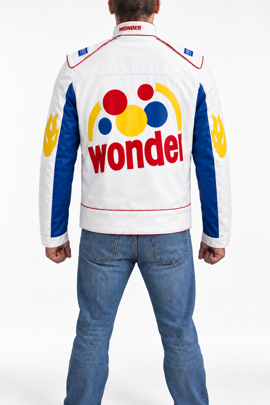 Back view of Ricky Bobby Talladega Nights Wonder Racer leather jacket featuring large Wonder racing logo and colorful graphics
