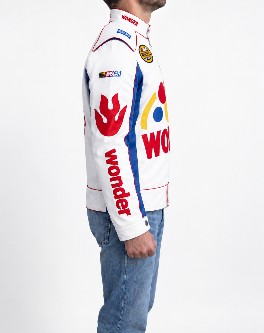 Side view of Talladega Nights Ricky Bobby Wonder racing leather jacket with blue panels, red piping and flame sleeve graphics